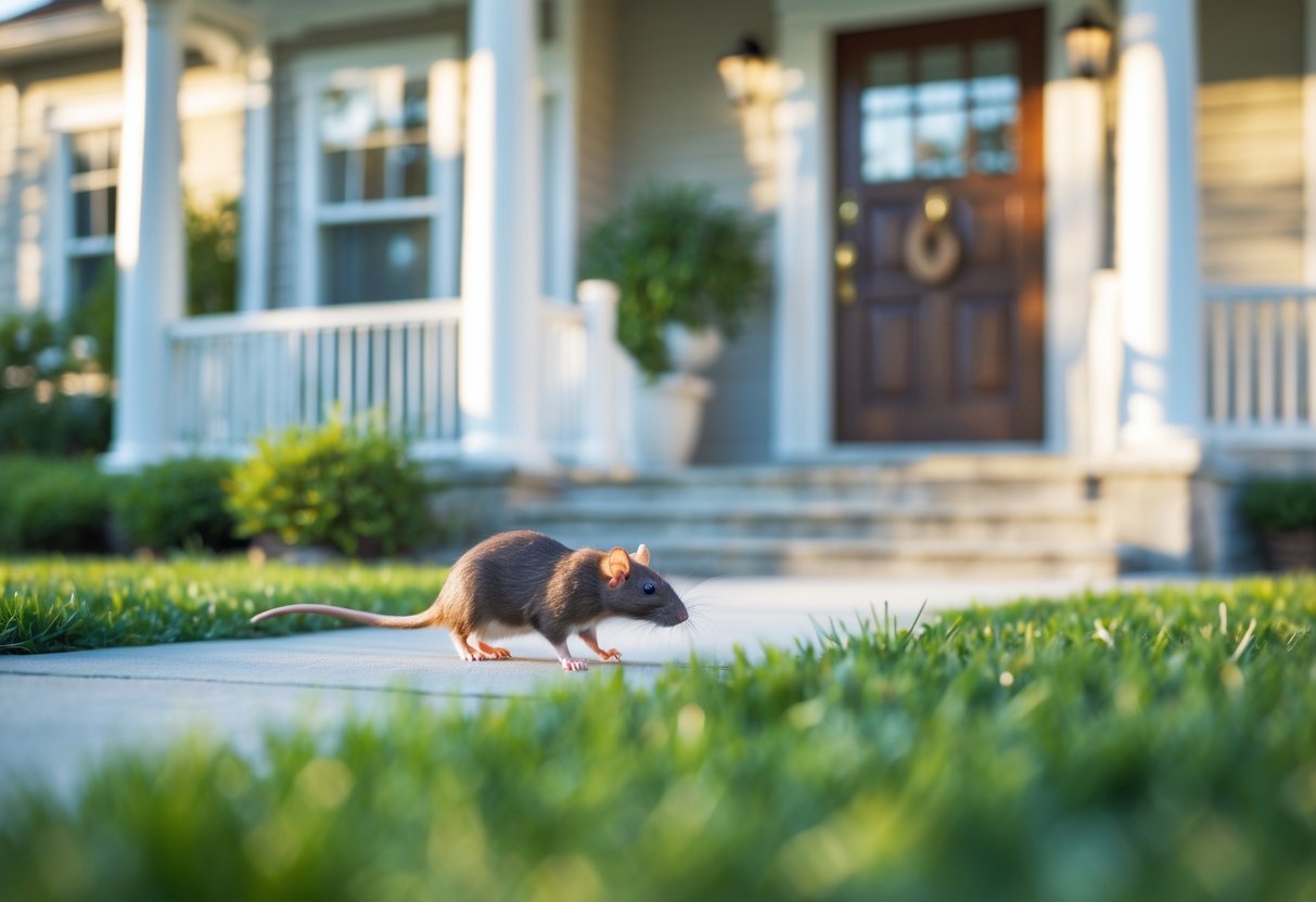 A small brown rat near the entrance of a suburban house with a green front yard.