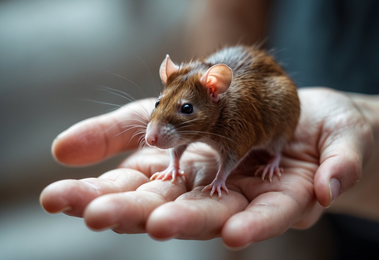 A brown rat standing on a person's open hand with a blurred background.