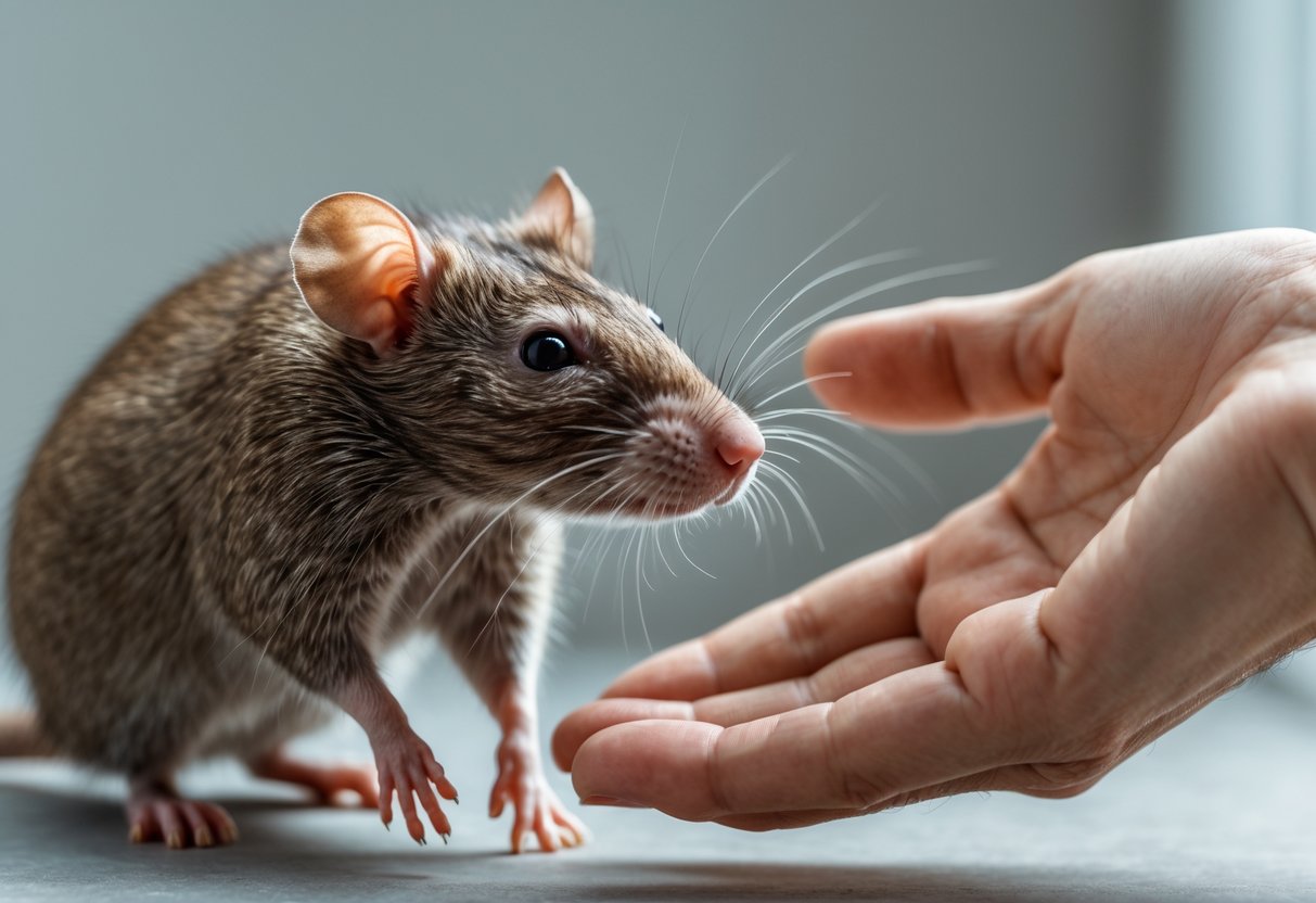 A rat cautiously moving away from a gently reaching human hand indoors.