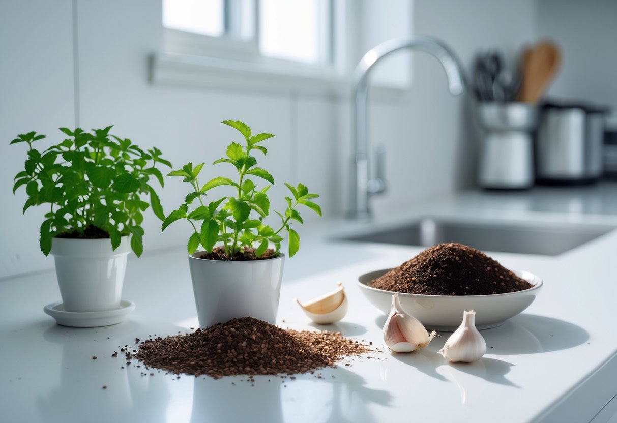 A clean kitchen countertop with peppermint plants, garlic cloves, and coffee grounds arranged as natural rat repellents.