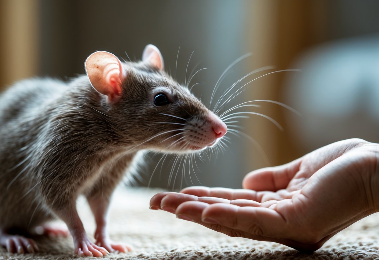 A rat looking attentively at a human hand extended towards it indoors.