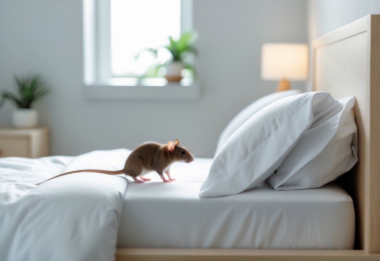 A small brown rat climbing up the side of a bed in a clean, modern bedroom.