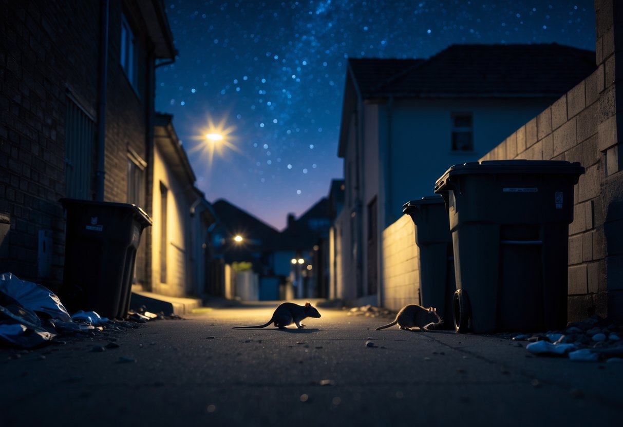 A dimly lit urban alley at night with two small rats near a trash can under streetlights.