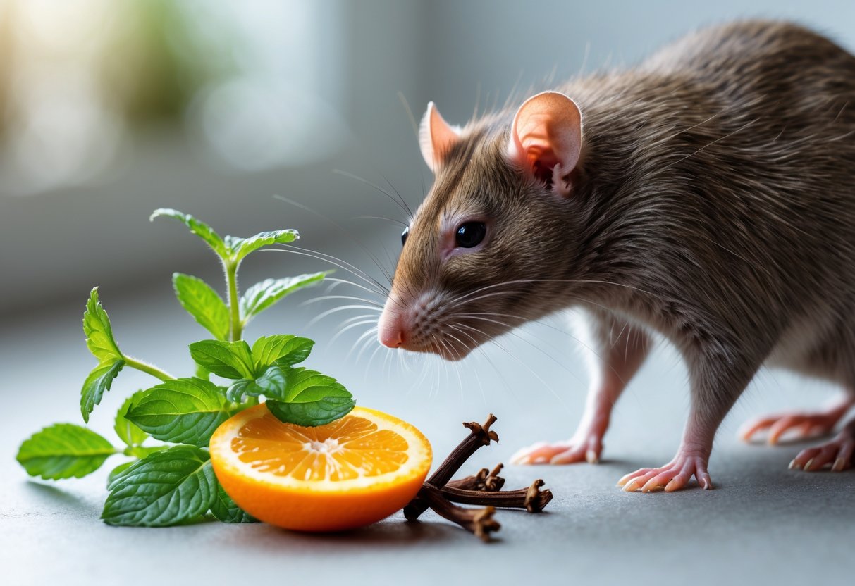 A rat cautiously sniffing near peppermint leaves, cloves, and a peeled orange on a clean surface.