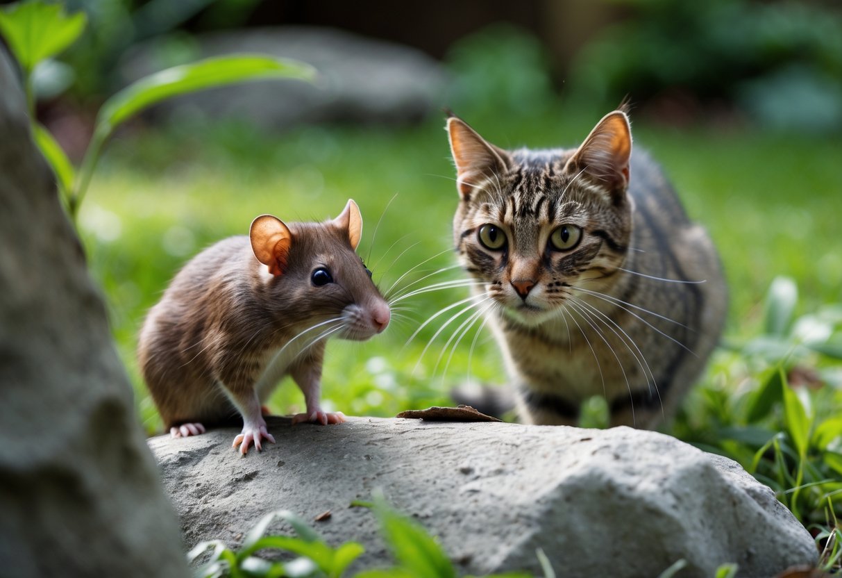 A small brown rat peeking out from behind a rock while a cat watches it closely in a garden.