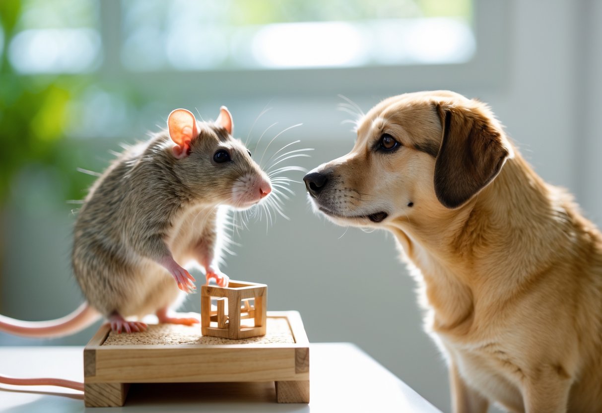 A rat and a dog facing each other indoors with a puzzle toy near the rat.