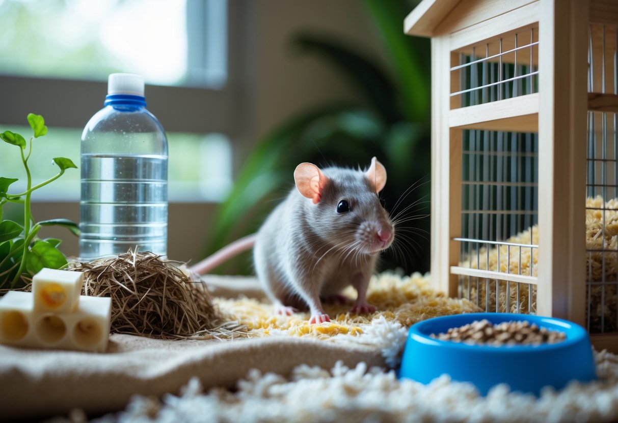 A pet rat inside a well-equipped cage with toys and bedding in a cozy indoor setting.