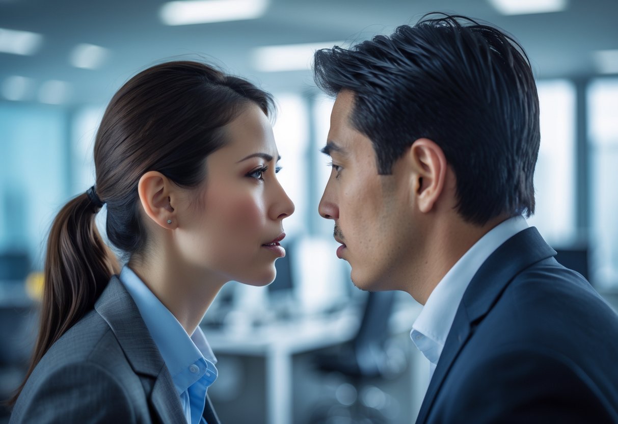 Two people in an office, one whispering confidentially to the other with serious expressions.