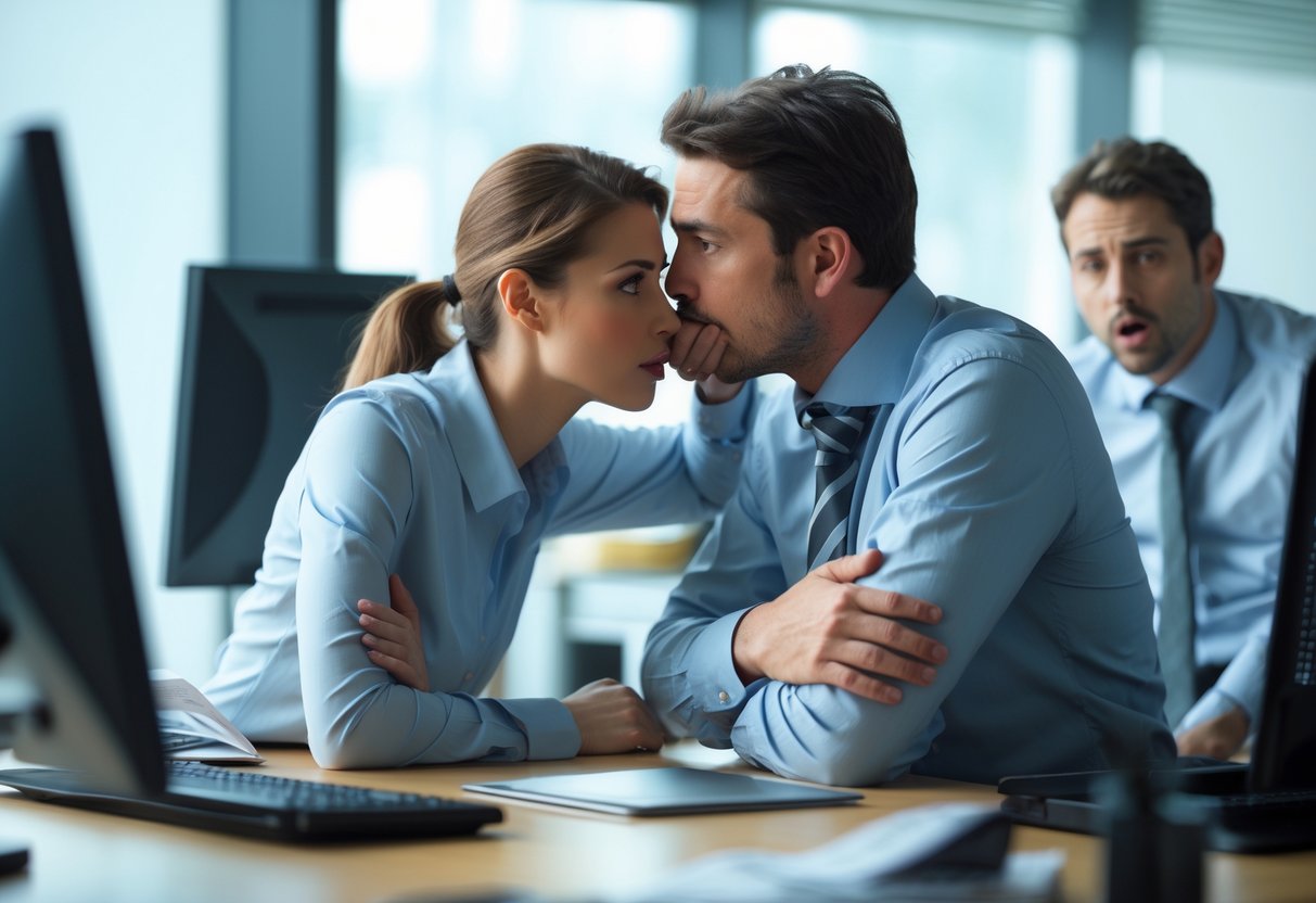 An office scene where one person is whispering to a colleague while another looks surprised and betrayed.
