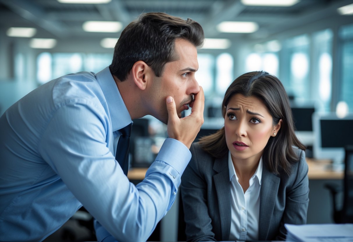 Two office workers in a modern workplace, one whispering into the other's ear while the other looks surprised and uneasy.