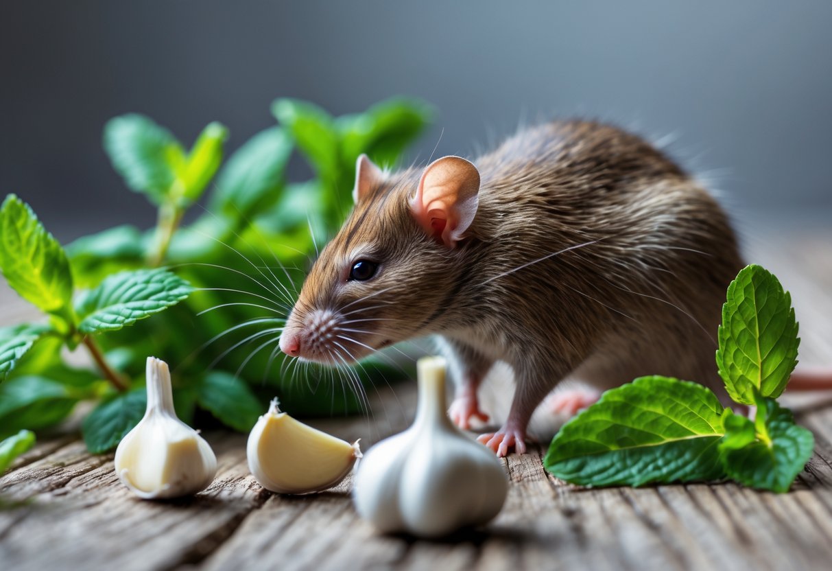 A brown rat moving away from mint leaves and garlic cloves on a wooden surface.