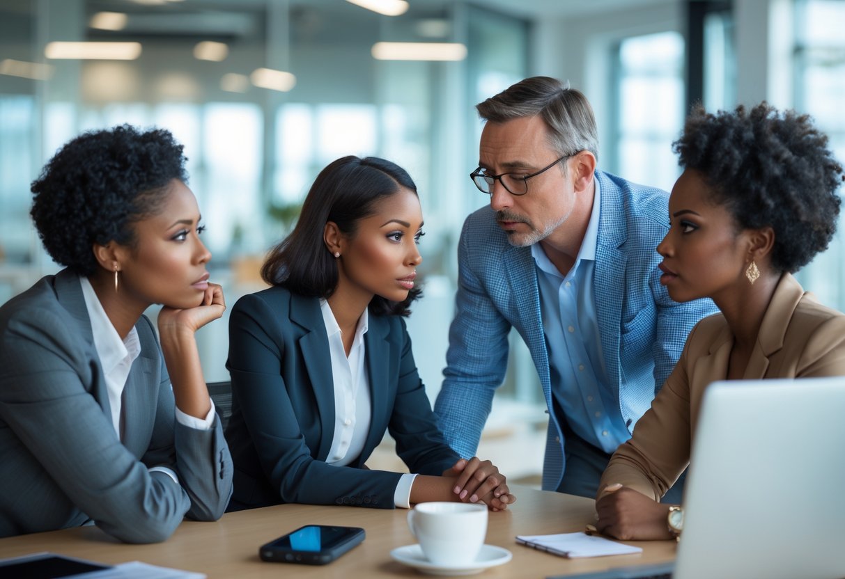 A group of adults in an office having a serious conversation, with one person whispering to another while a third watches cautiously.