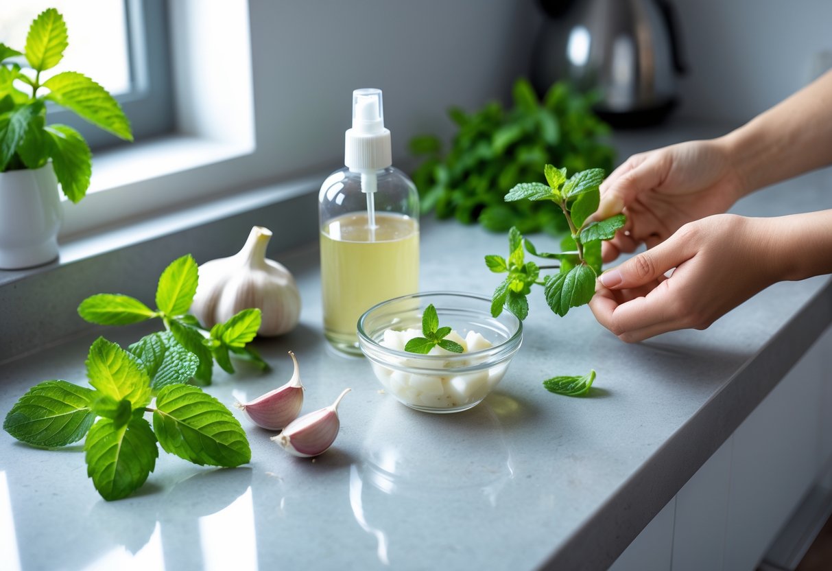 Hands placing peppermint sprigs on a kitchen countertop with garlic and a spray bottle nearby.