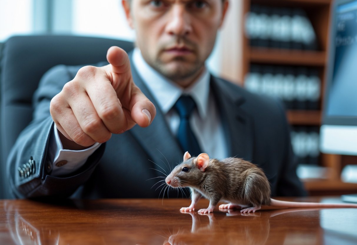 A person in a business suit pointing at a small rat on a wooden office desk in a modern office.