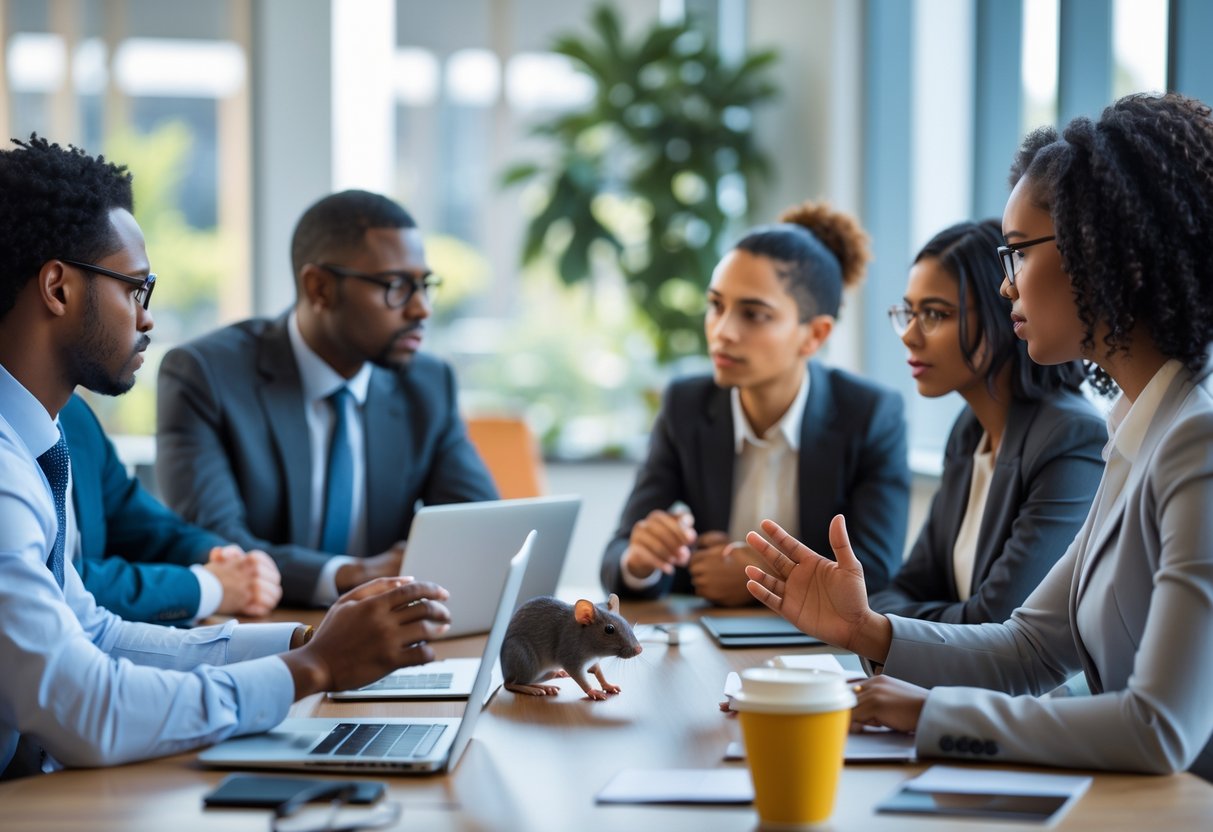 A group of professionals discussing around a conference table, one holding a small rat figurine, in a bright modern office.