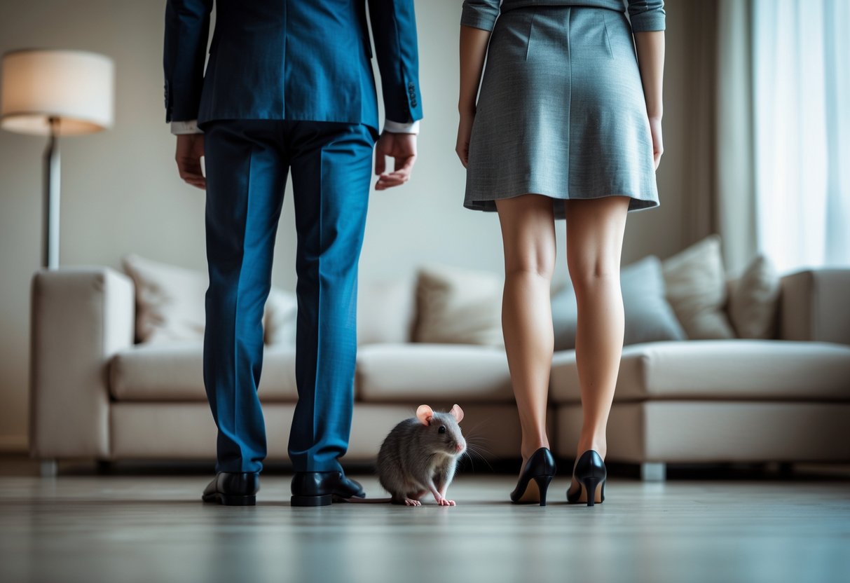A man and woman stand back-to-back looking upset with a rat on the floor between them in a living room.