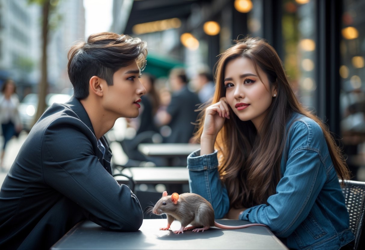 A young man and woman sitting at an outdoor cafe table, with a small rat placed on the table between them, symbolizing deceit in relationships.