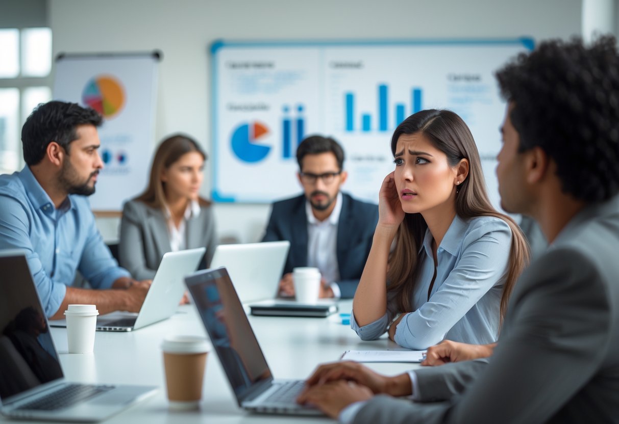 A group of office colleagues in a meeting room, with a young woman looking uncomfortable as a male coworker speaks.