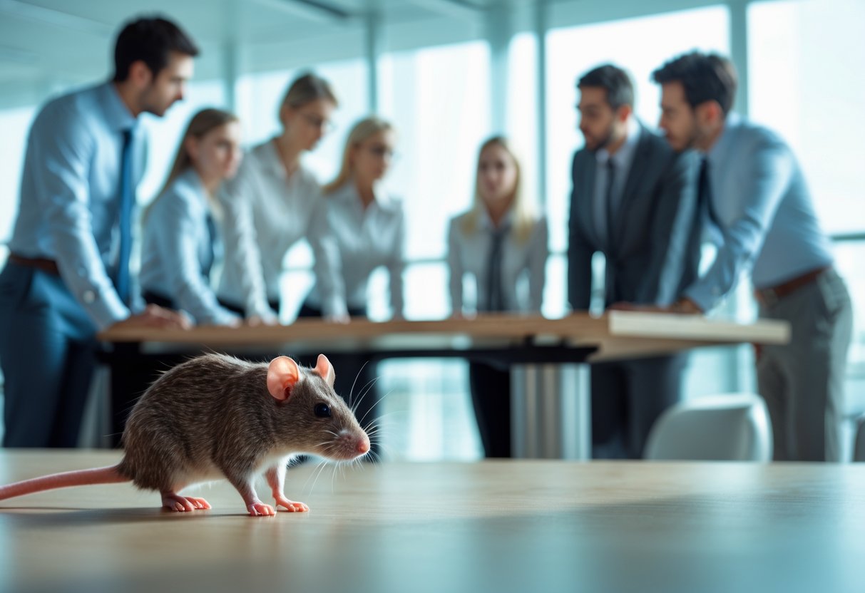 A group of business people in an office having a tense discussion, with a rat visible near the table symbolizing distrust.