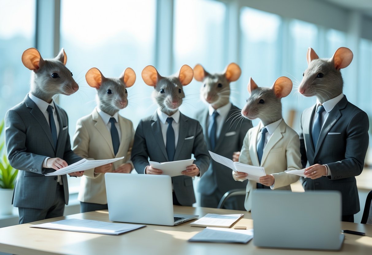 A group of humanoid figures with rat-like facial features wearing business clothes, interacting in a modern office setting.