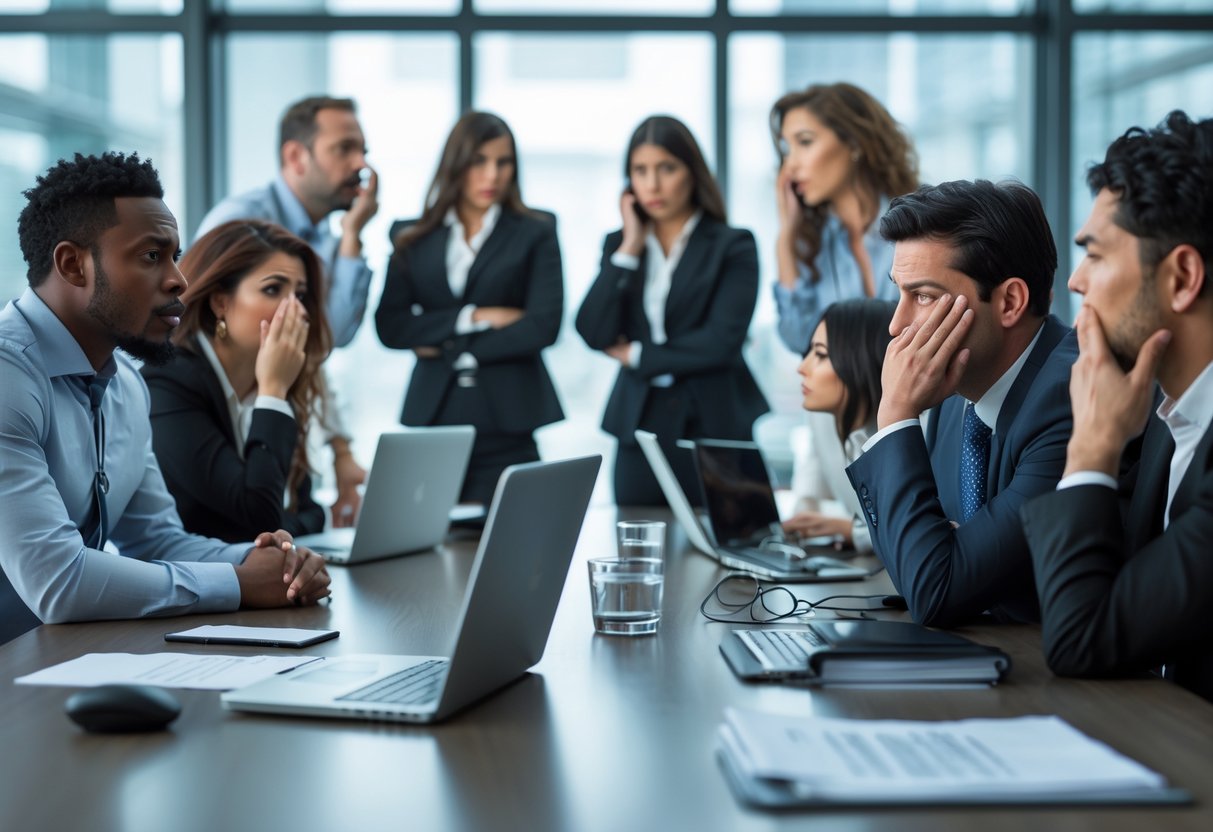 A group of office workers around a table showing tension as one person looks upset and others whisper and look disapproving.