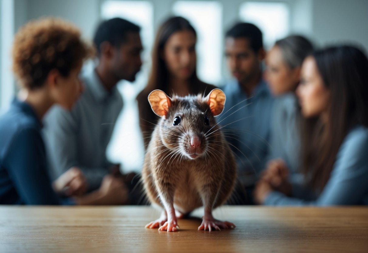 A close-up of a brown rat on a wooden table with a blurred group of people whispering in the background.