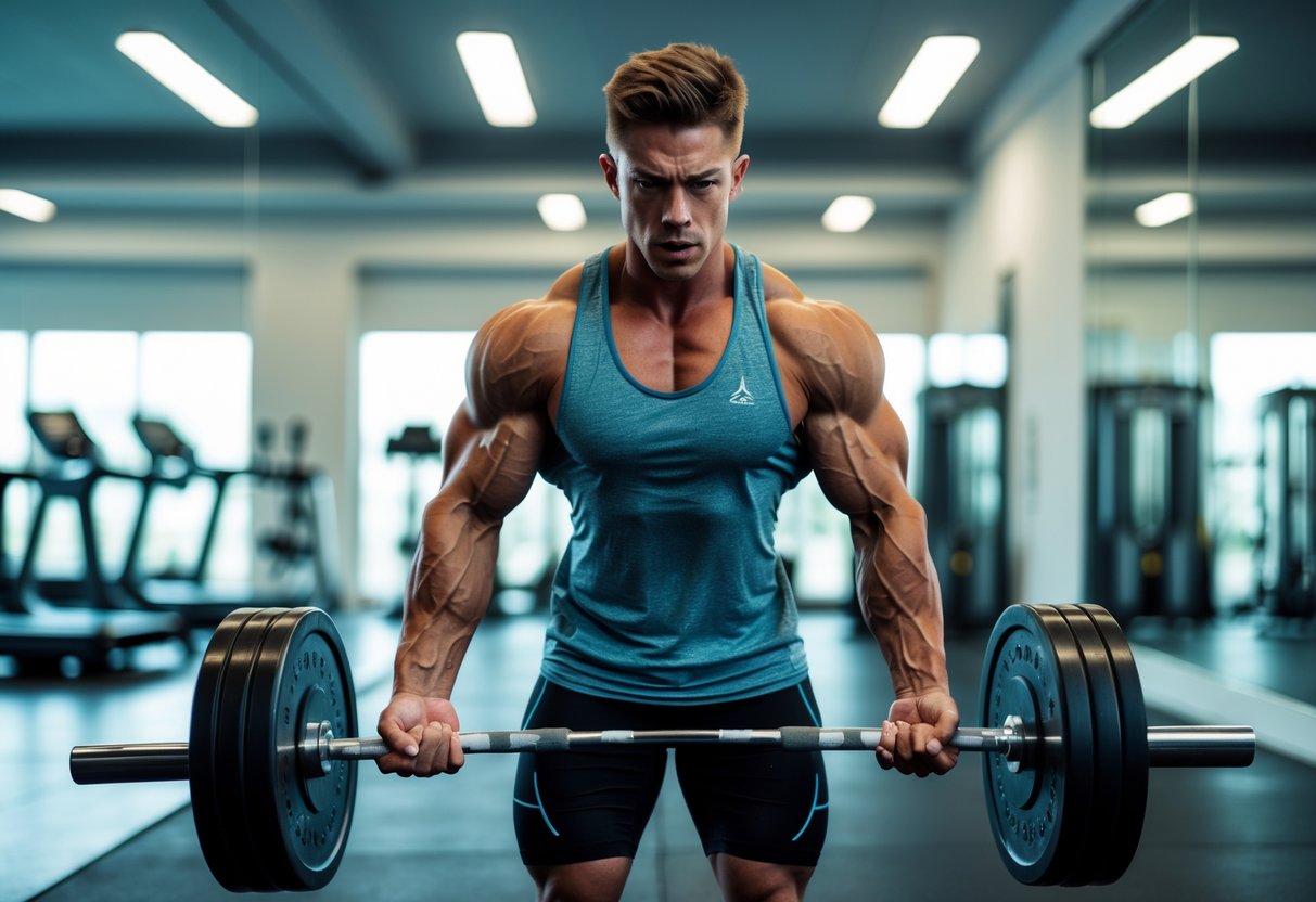 A fit young adult lifting weights with focus in a modern gym surrounded by fitness equipment.