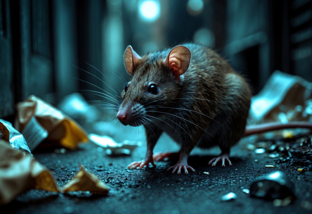 A close-up of a brown rat near trash in an urban alley.