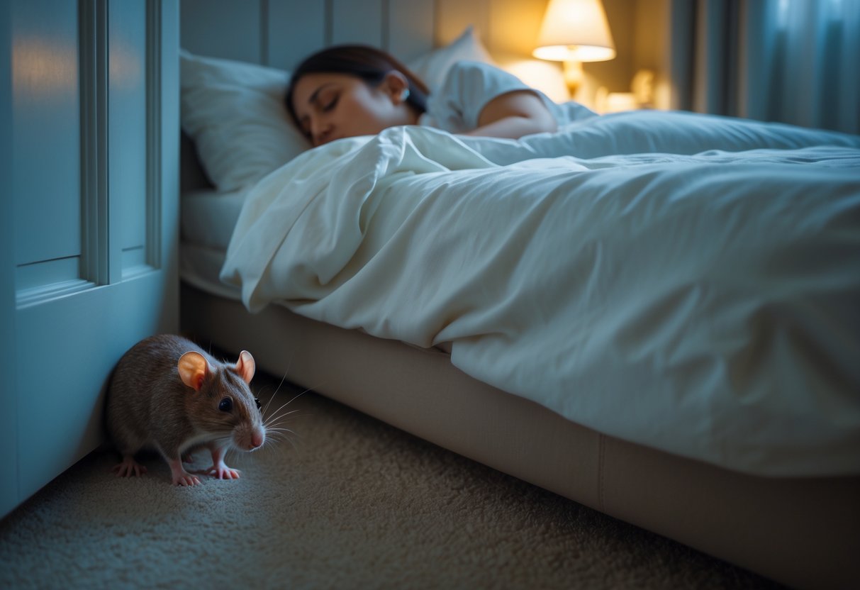 A person sleeping peacefully in a bed at night with a small rat peeking out from under the bed.