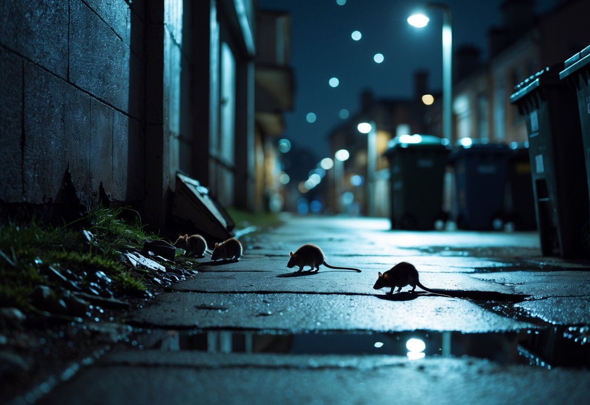A quiet urban alley at night with rats emerging near a dumpster under a streetlamp.