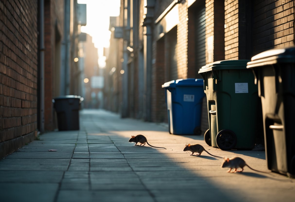 An empty urban alleyway at dawn with a few small rats moving away near the edges.