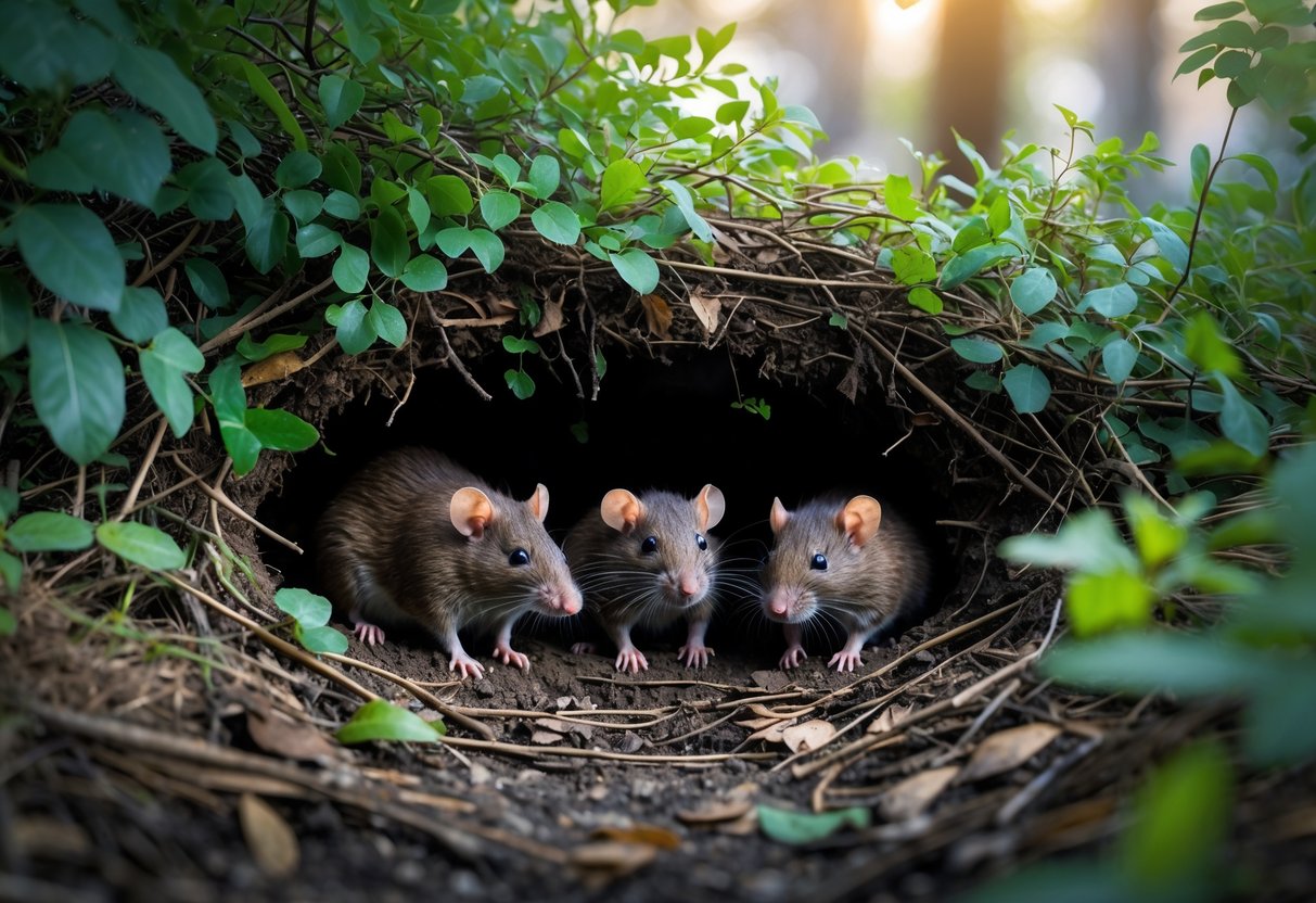 A group of brown rats resting inside a hidden burrow beneath green shrubs in an urban park during the day.