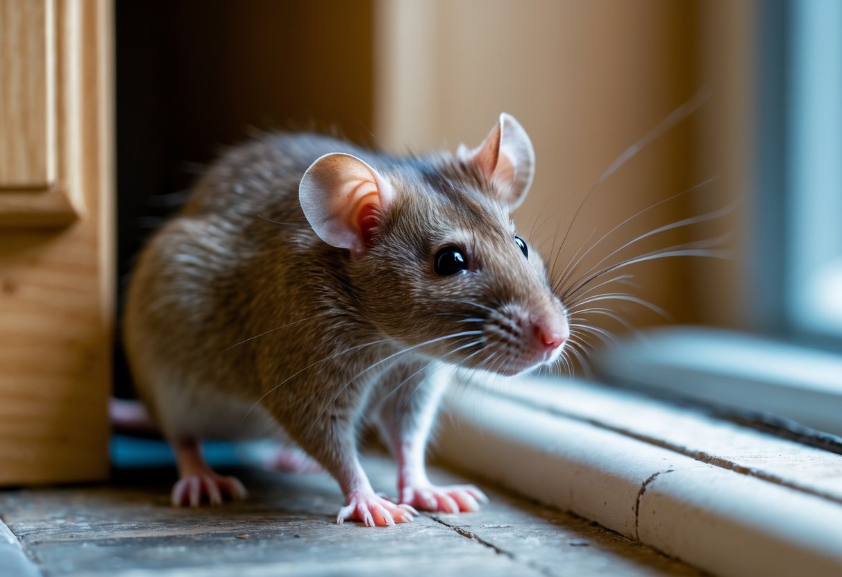 A small brown rat inside a house looking cautiously towards the camera near a wooden floor.