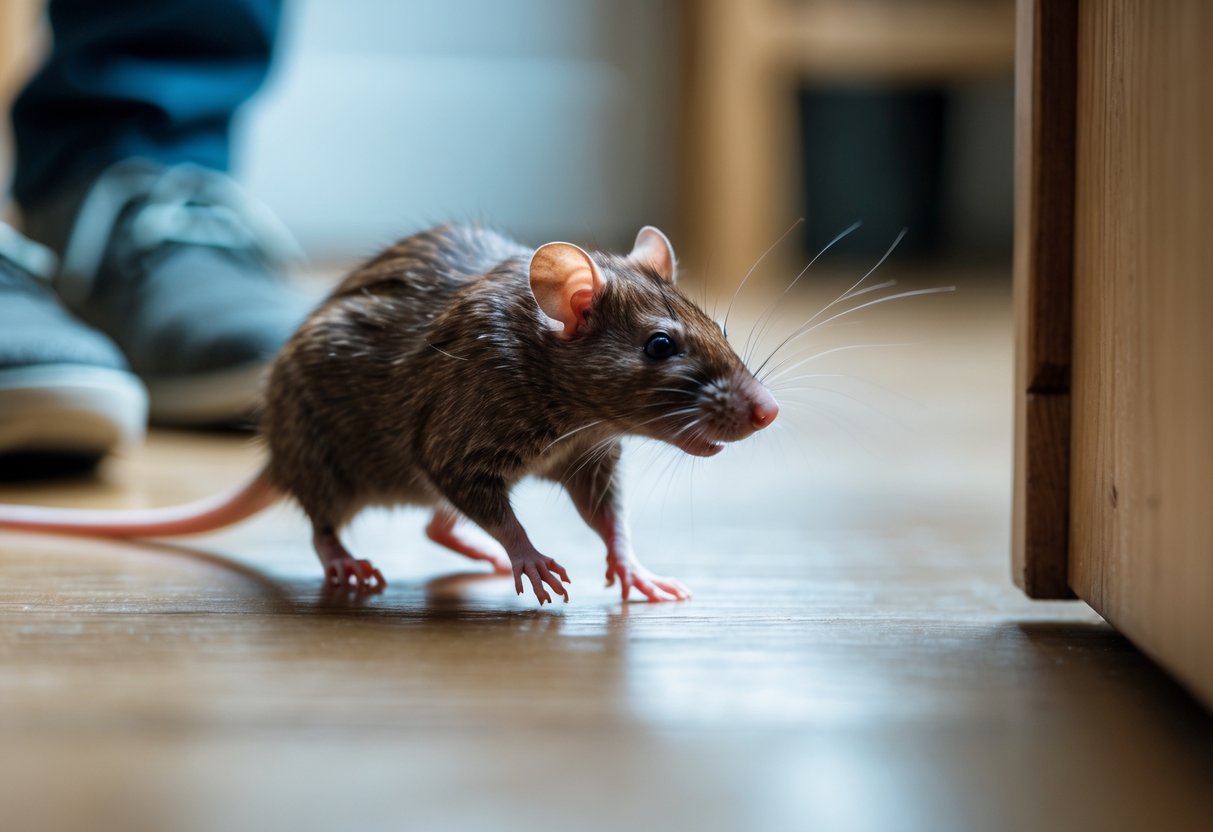 A small brown rat starting to run on a wooden floor near a person's feet.
