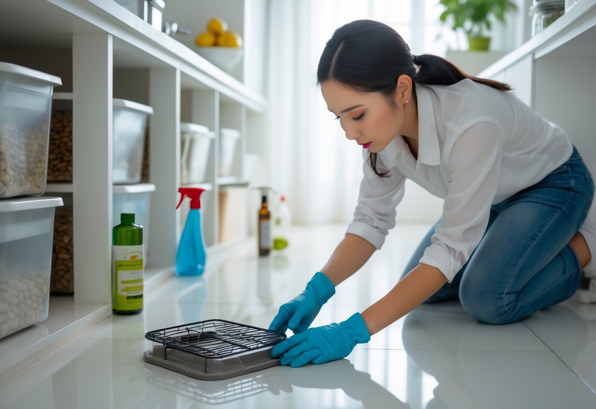 A person wearing gloves sealing cracks in a clean kitchen to prevent rats, with pest control tools and food containers visible.