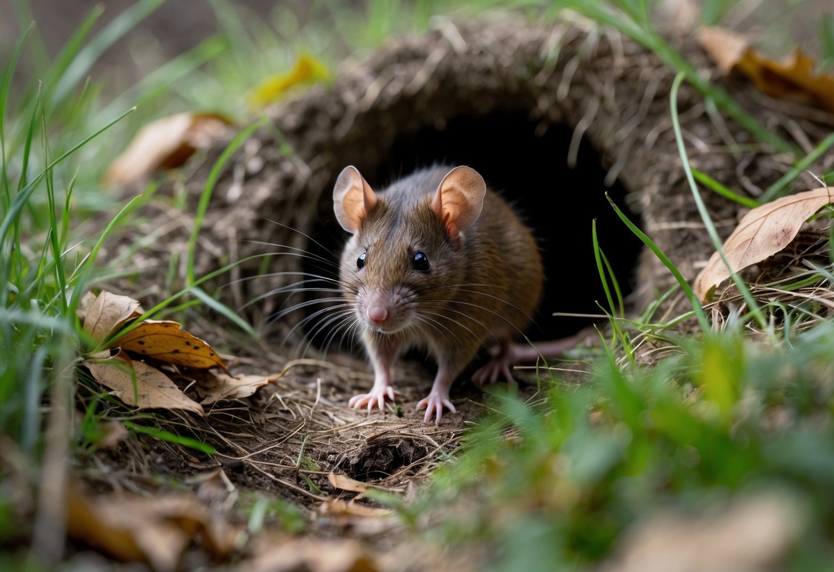 A small brown rat approaching the entrance of its nest in a grassy area surrounded by leaves.