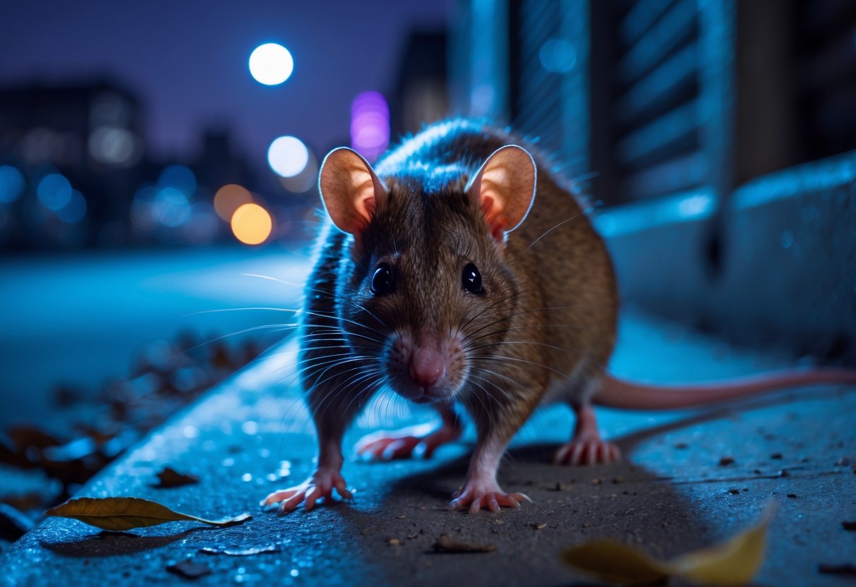 A brown rat active at night on a concrete surface with blurred city lights in the background.