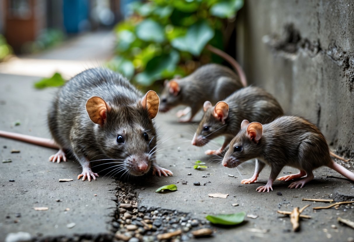 A dead rat lying on the ground with several live rats nearby in an outdoor urban setting.