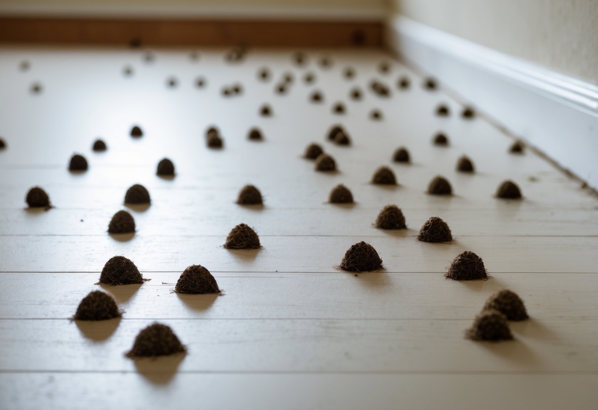 Close-up of multiple small rat droppings scattered on a floor near a wall.