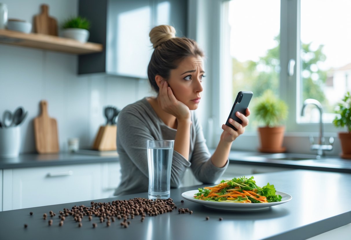 A worried person in a kitchen holding a glass of water and a smartphone, looking at food on the counter with rat droppings nearby.