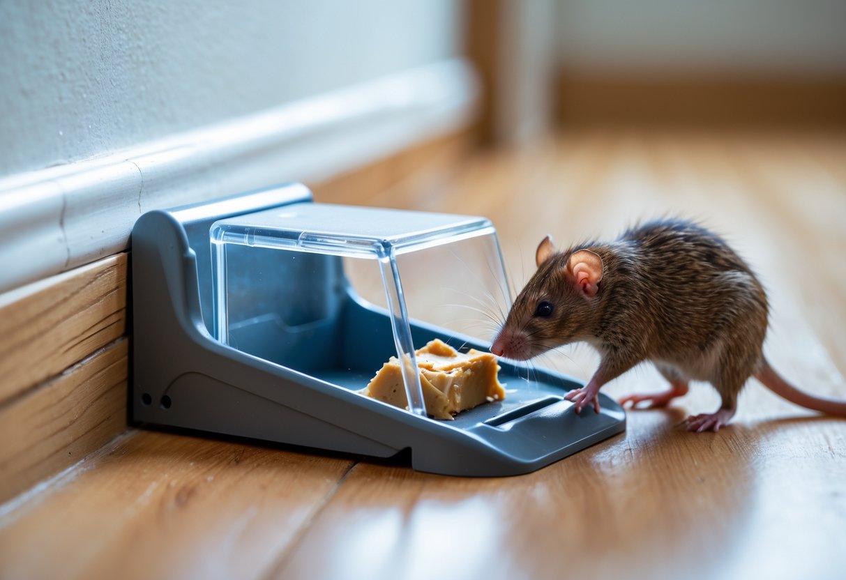 A brown rat cautiously approaches a transparent rat trap with bait inside on a wooden floor near a wall.