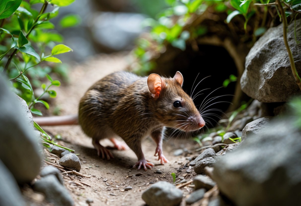 A brown rat moving along a narrow path near rocks and green plants with a small burrow entrance in the background.