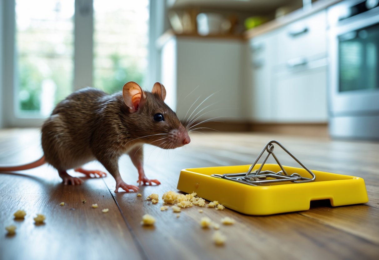 A brown rat retreating from a yellow mousetrap on a wooden kitchen floor.