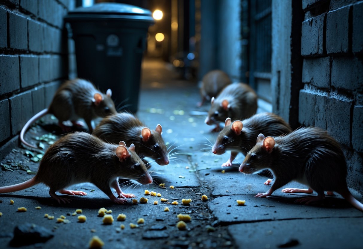 A group of rats foraging and exploring near an alleyway at night with scattered food and urban surroundings.