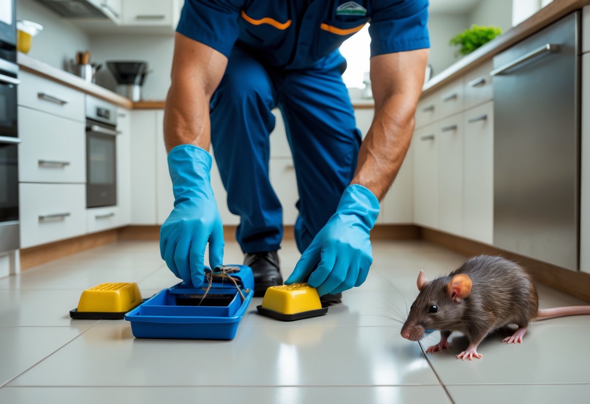 A pest control specialist setting traps in a modern kitchen with a close-up of a rat nearby.