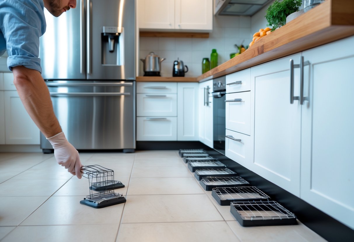 A person placing humane rat traps in a clean kitchen with pest control items like peppermint oil and sealed food containers nearby.
