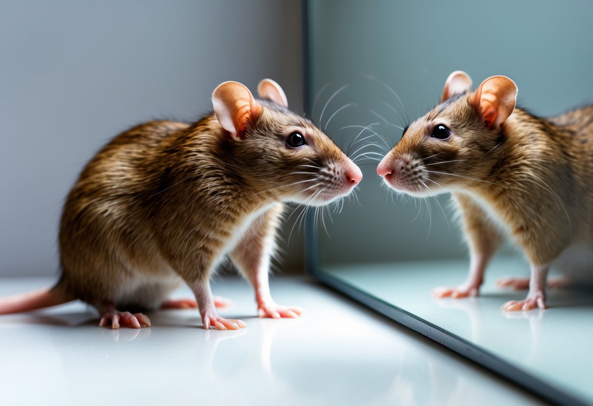 A brown rat looking at its reflection of a human face in a mirror on a white surface.