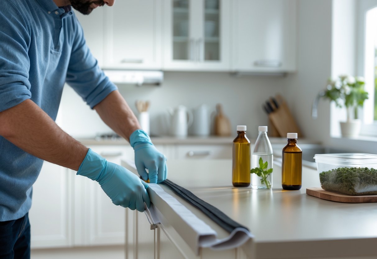 A person sealing gaps in a clean kitchen to prevent rats, with natural deterrents and sealed food containers on the countertop.