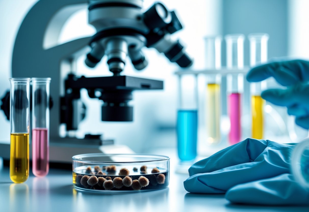 Close-up of a petri dish with rodent droppings surrounded by laboratory equipment including a microscope and test tubes.
