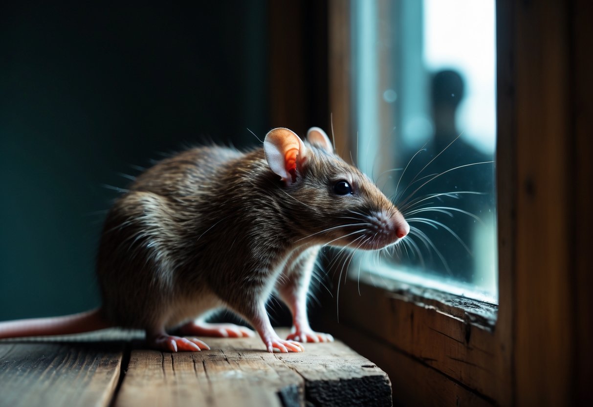 A brown rat alertly looking towards a blurred human figure in a cozy room near a window.